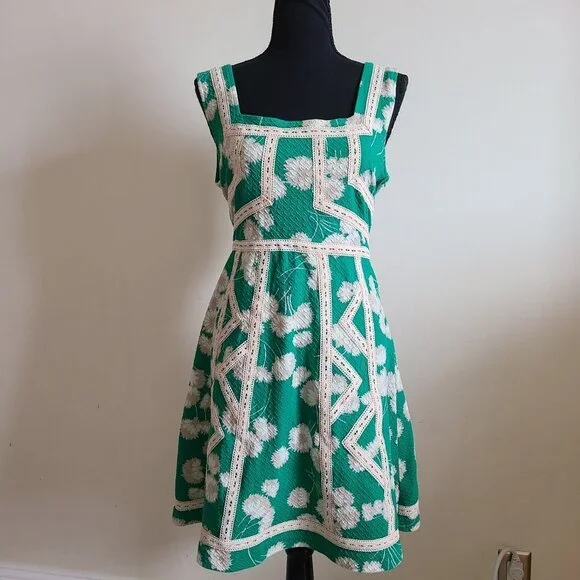 Anthropologie Maeve Emma Dress Size 12 Green Dandelion Floral Crochet Fit Flare - Picture 2 of 8